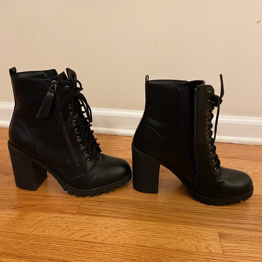 Soda Heeled Black Combat Boots - Picture 2 of 9